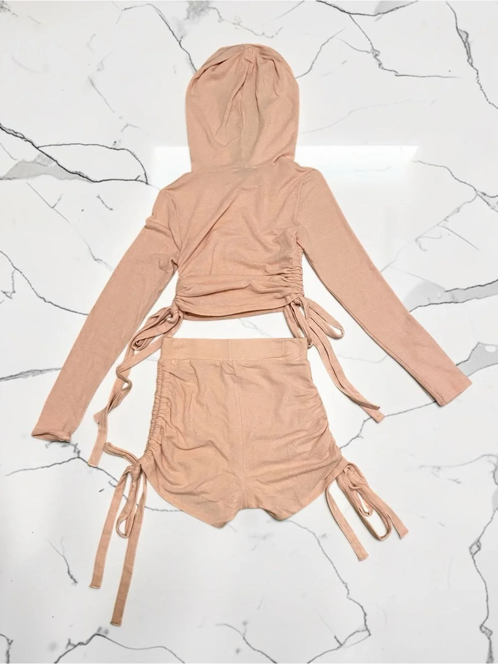 Light Pink Boutique Ruched Hoodie & Shorts Set